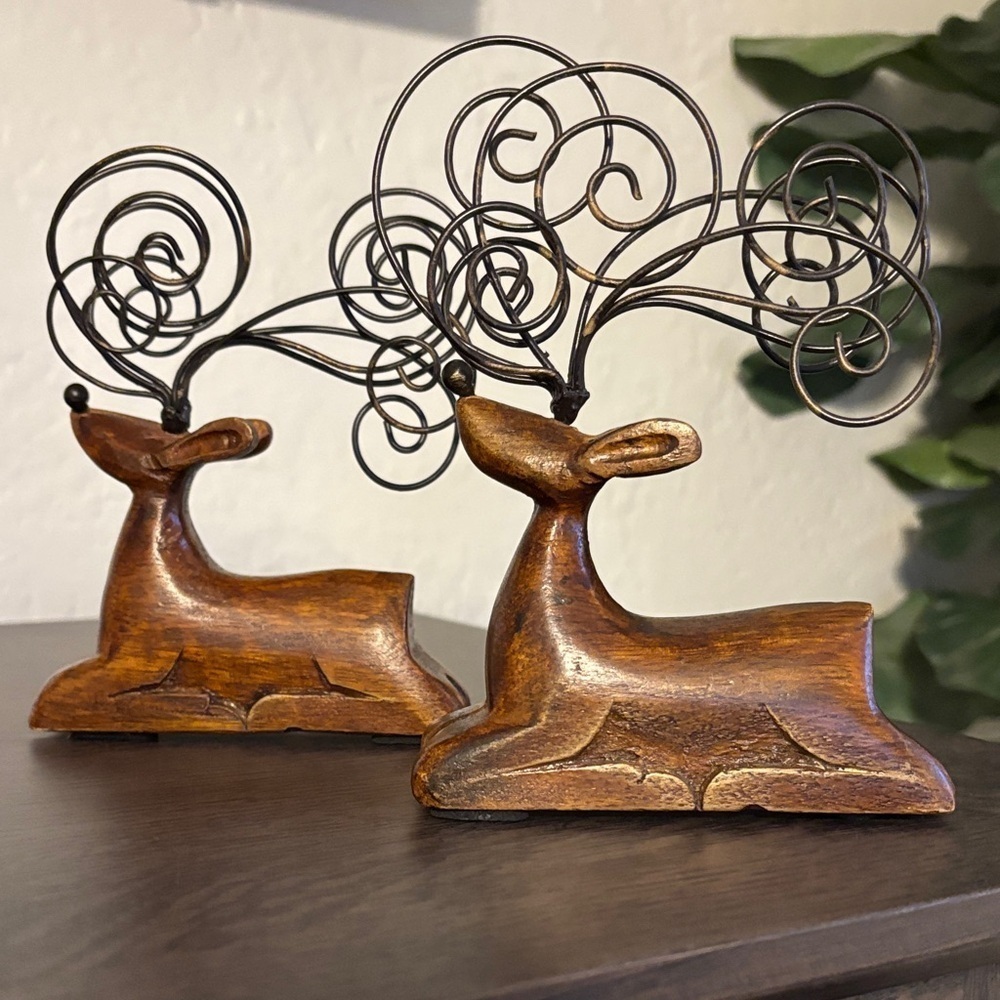Pier 1 Wooden Reindeer Figurines with Metal Swirl Antlers Set of 2